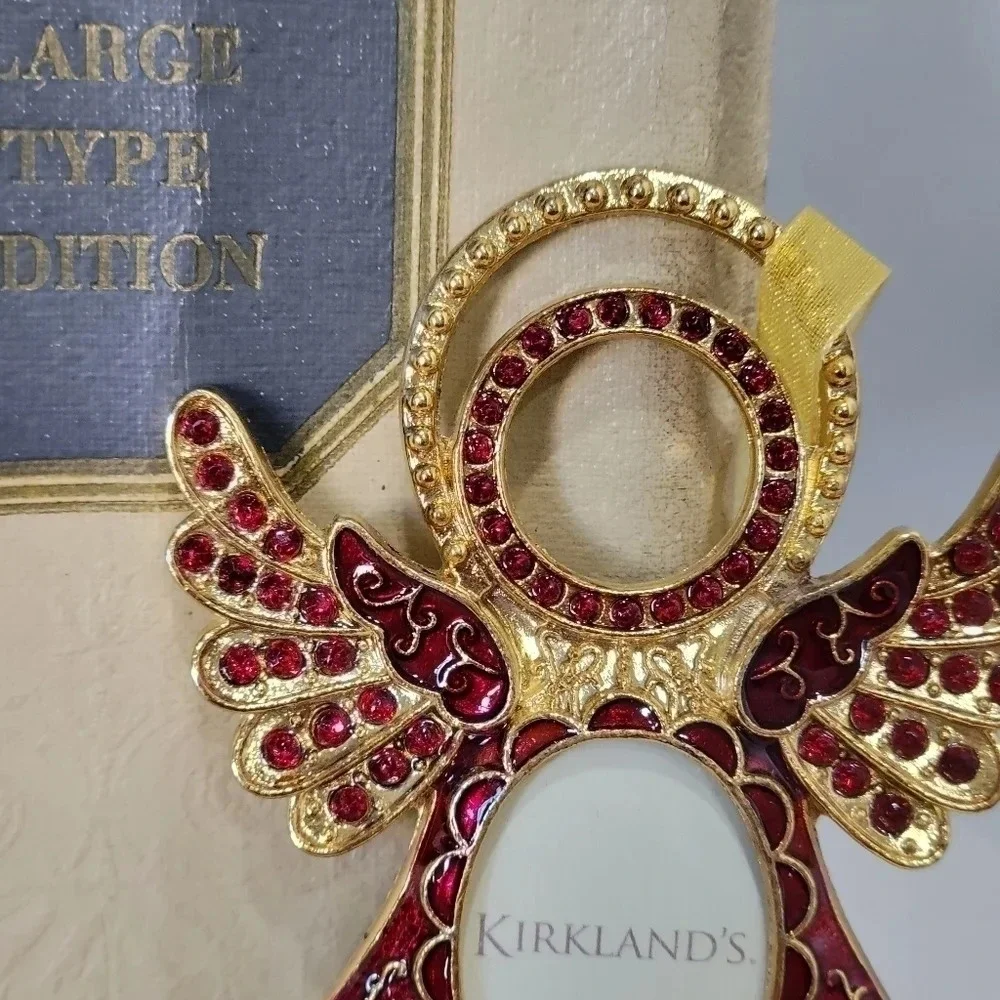 Kirkland's Gold Red Rhinestone Angel Photo Frame Christmas Tree Ornament Vintage